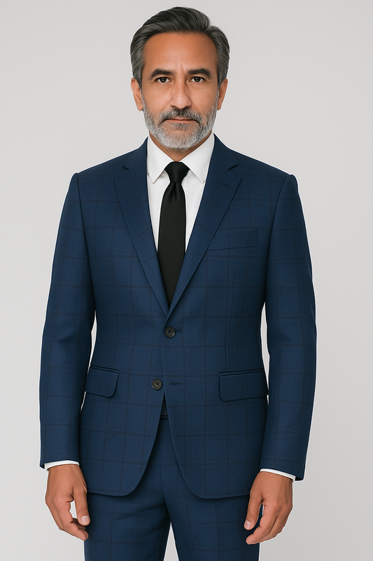 Tailor Fit – Navy Blue Plaid – 2 Piece Suit – Wool